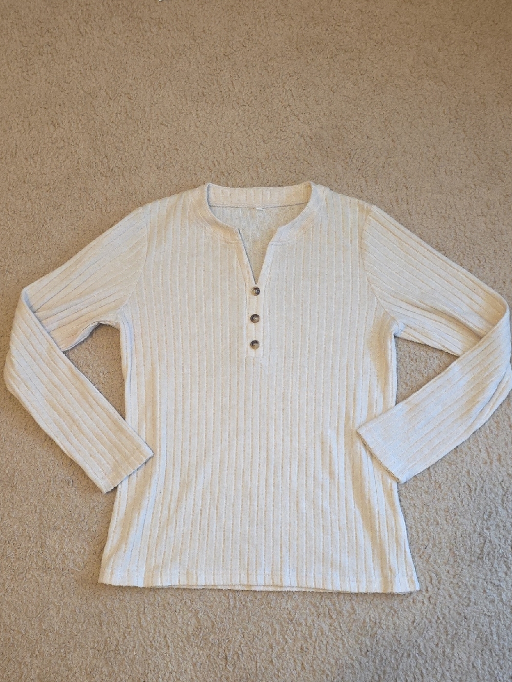 Cream Ribbed Henley Long Sleeve Top